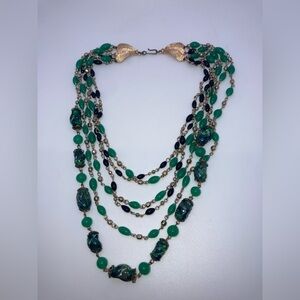 Vtg Green Glass Bead Multi Strand Waterfall Necklace Sits @ 15” / 19” Total